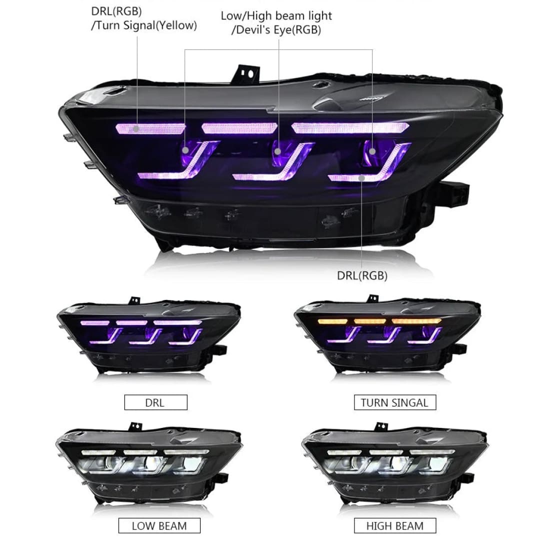 2015-2017 Mustang S650 Style Headlight Colorshift RGB