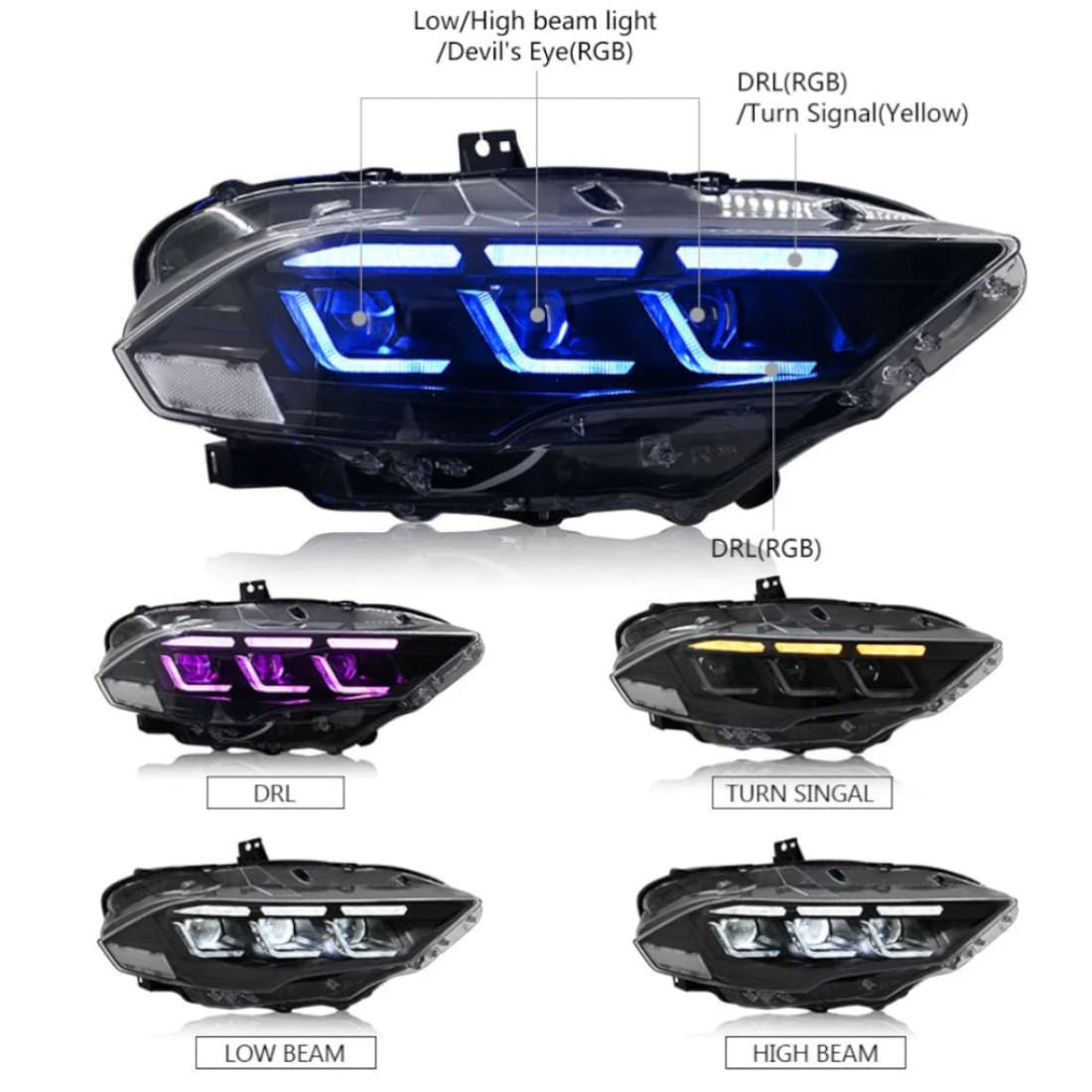 2018-2023 Mustang S650 Style Headlight Colorshift RGB